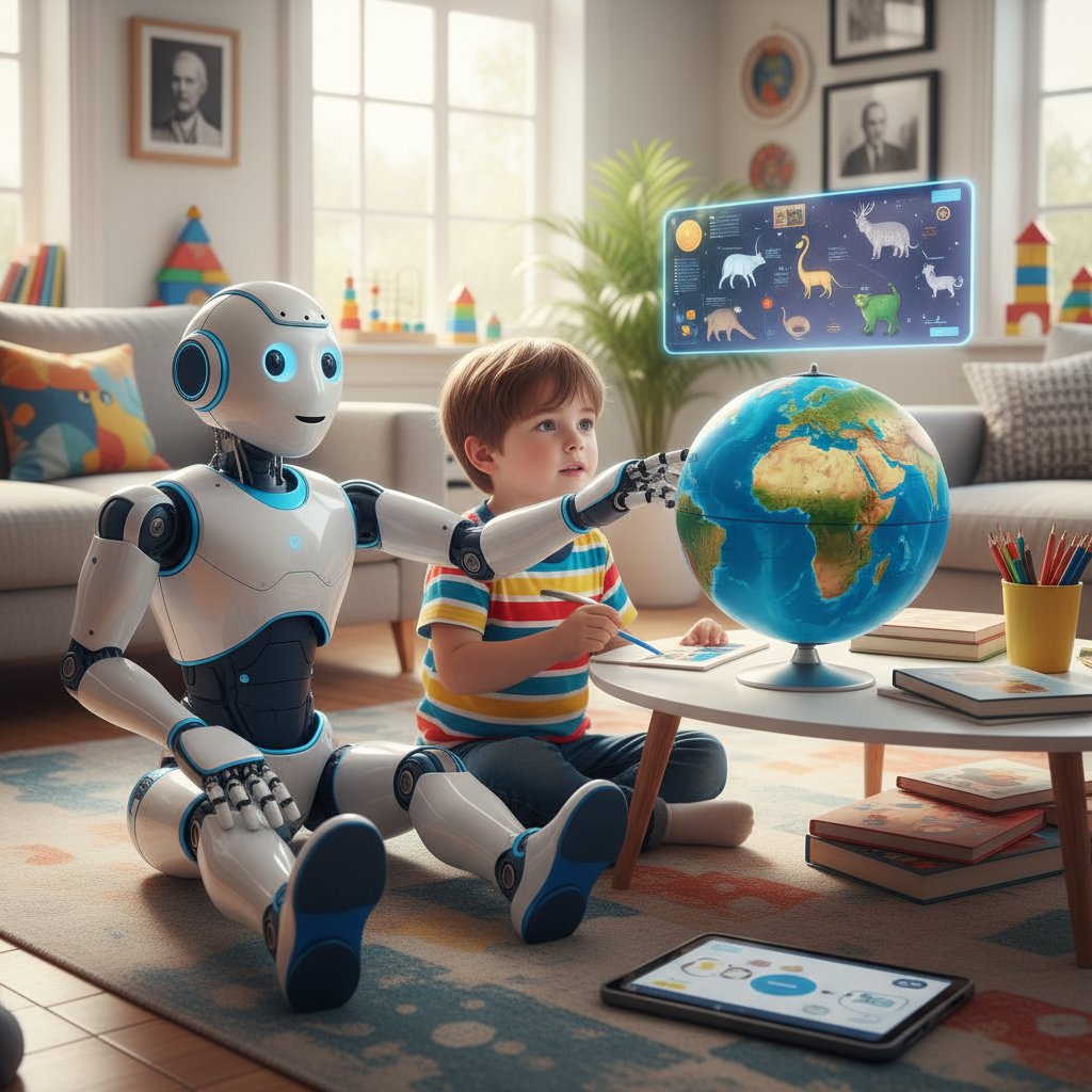 Robot rozmawiający z dzieckiem, symbolizujący uczenie się kontekstu przez AI