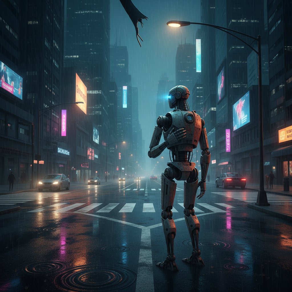 Robot stojący samotnie na skrzyżowaniu, światła miasta odbijają się w jego obudowie, atmosfera niepokoju