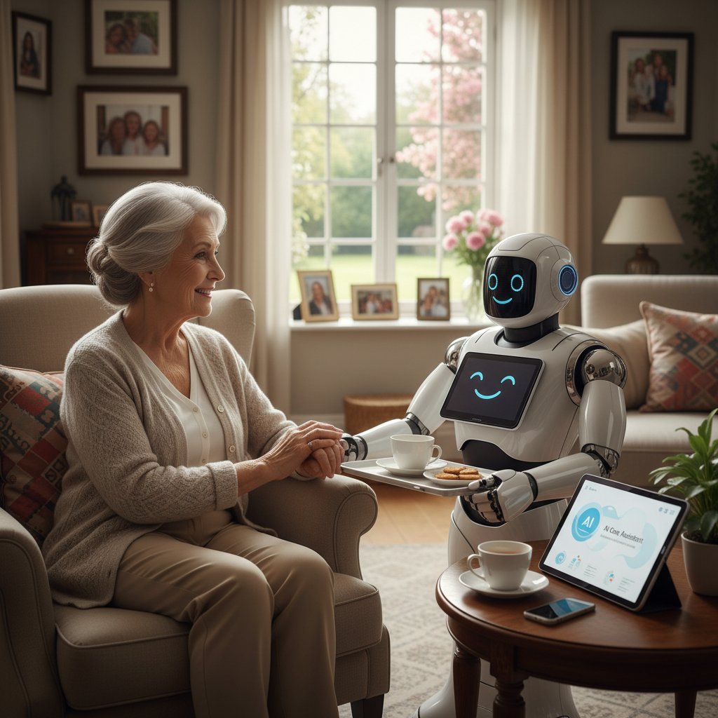 Robot asystujący starszej osobie w domu, symbol realnych zastosowań AI bez świadomości