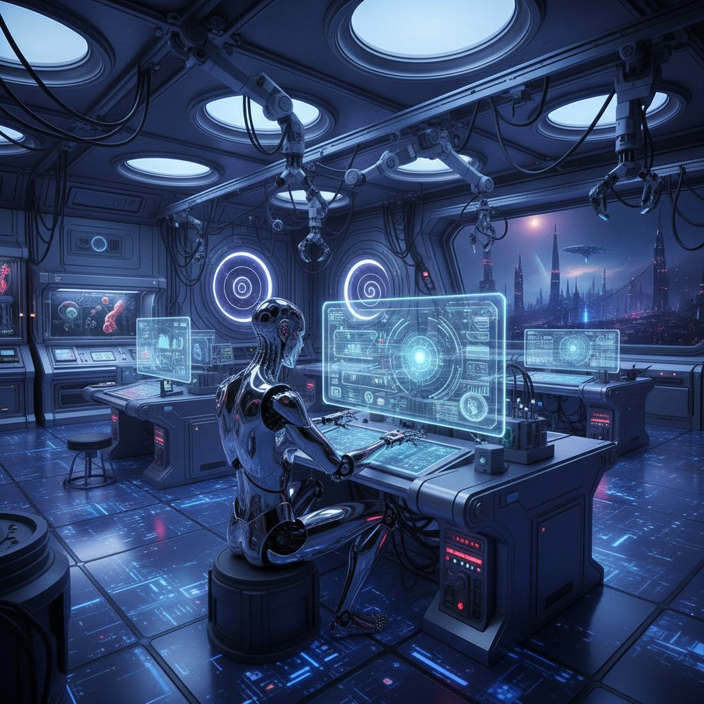 Robot w futurystycznym laboratorium, skupiony na badaniu własnych sensorów, tło rozmazane, klimat science fiction