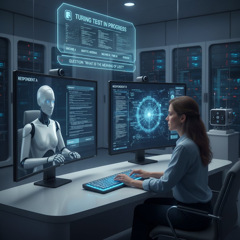 Robot rozmawiający z człowiekiem przez komputer, symbolizujący test Turinga i jego ograniczenia