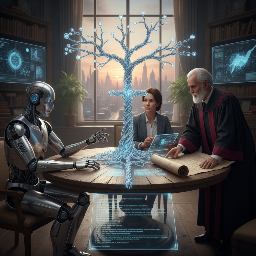 Symboliczna scena: robot i człowiek dyskutujący o moralności na tle krucyfiksu