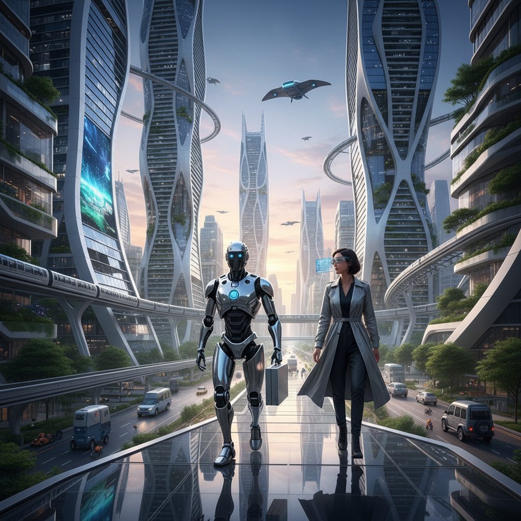 Robot i człowiek patrzący w przyszłość na tle miasta, symbol scenariuszy AI na 2030 rok