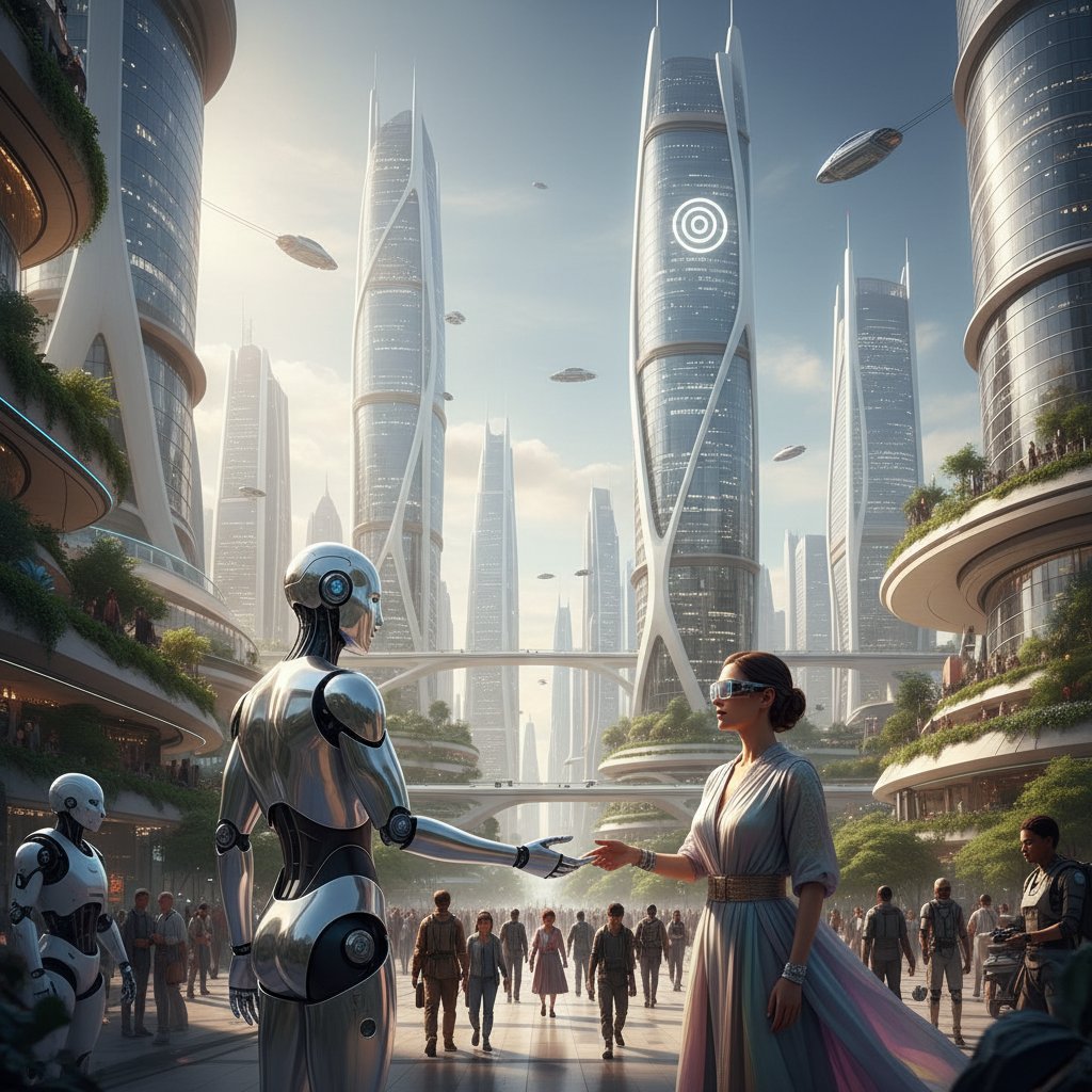 Robot rozmawiający z człowiekiem na tle futurystycznego miasta, symbol neutralności AI