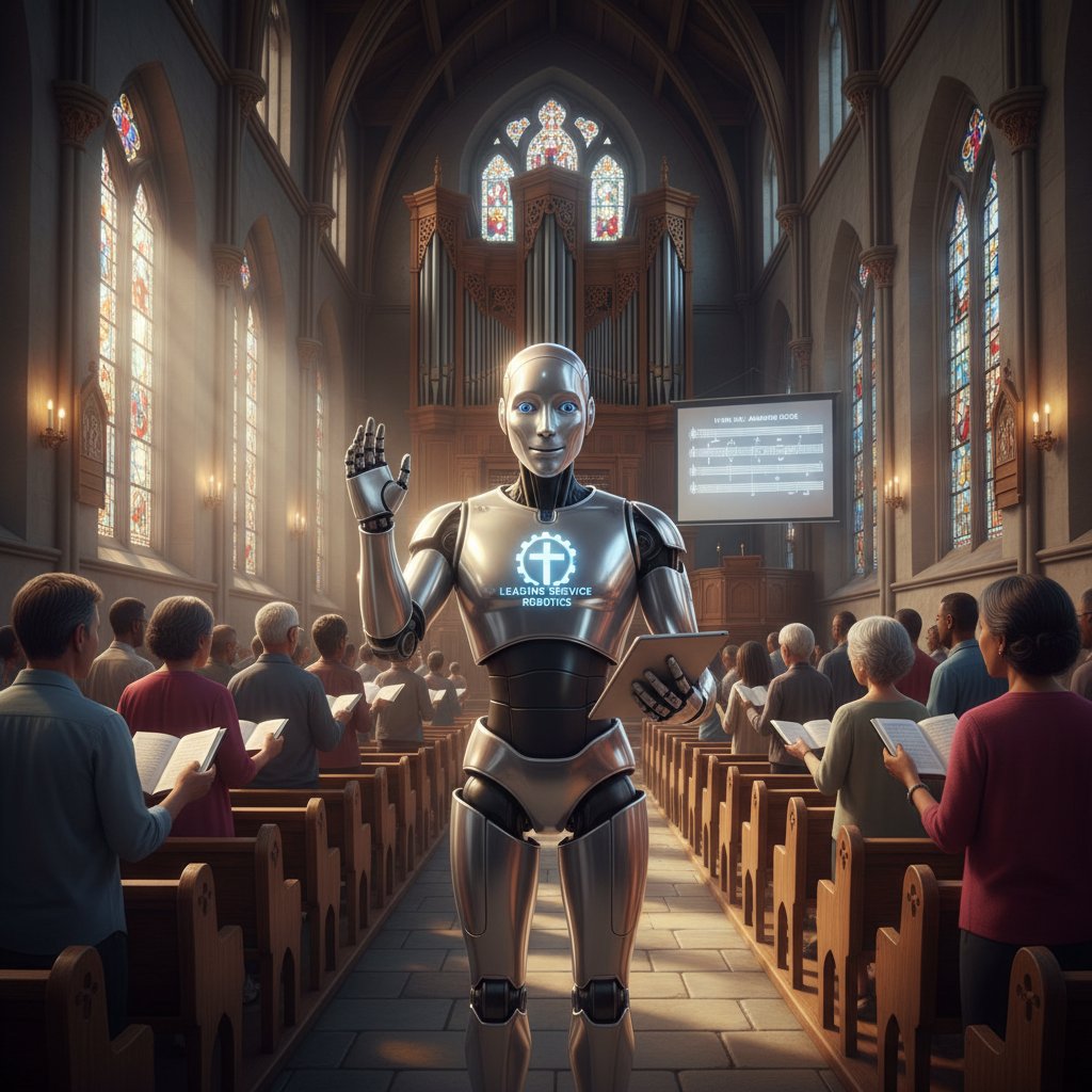 Robot prowadzący nabożeństwo w świątyni, obecność wiernych i nowoczesnych ekranów