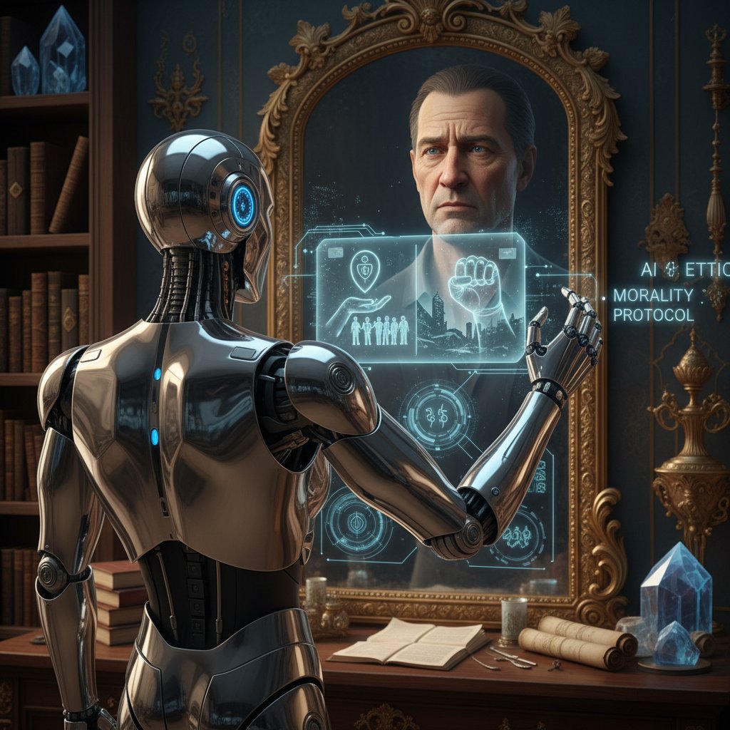 Symboliczne zdjęcie: zbliżenie na robota patrzącego w lustro – metafora AI próbującej zrozumieć ludzką moralność