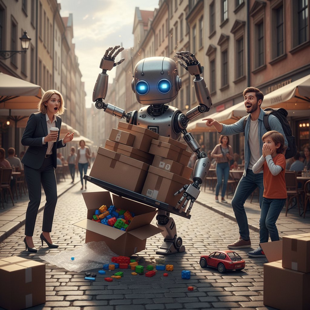 Robot popełniający błąd w świecie rzeczywistym, otoczony zaskoczonymi ludźmi