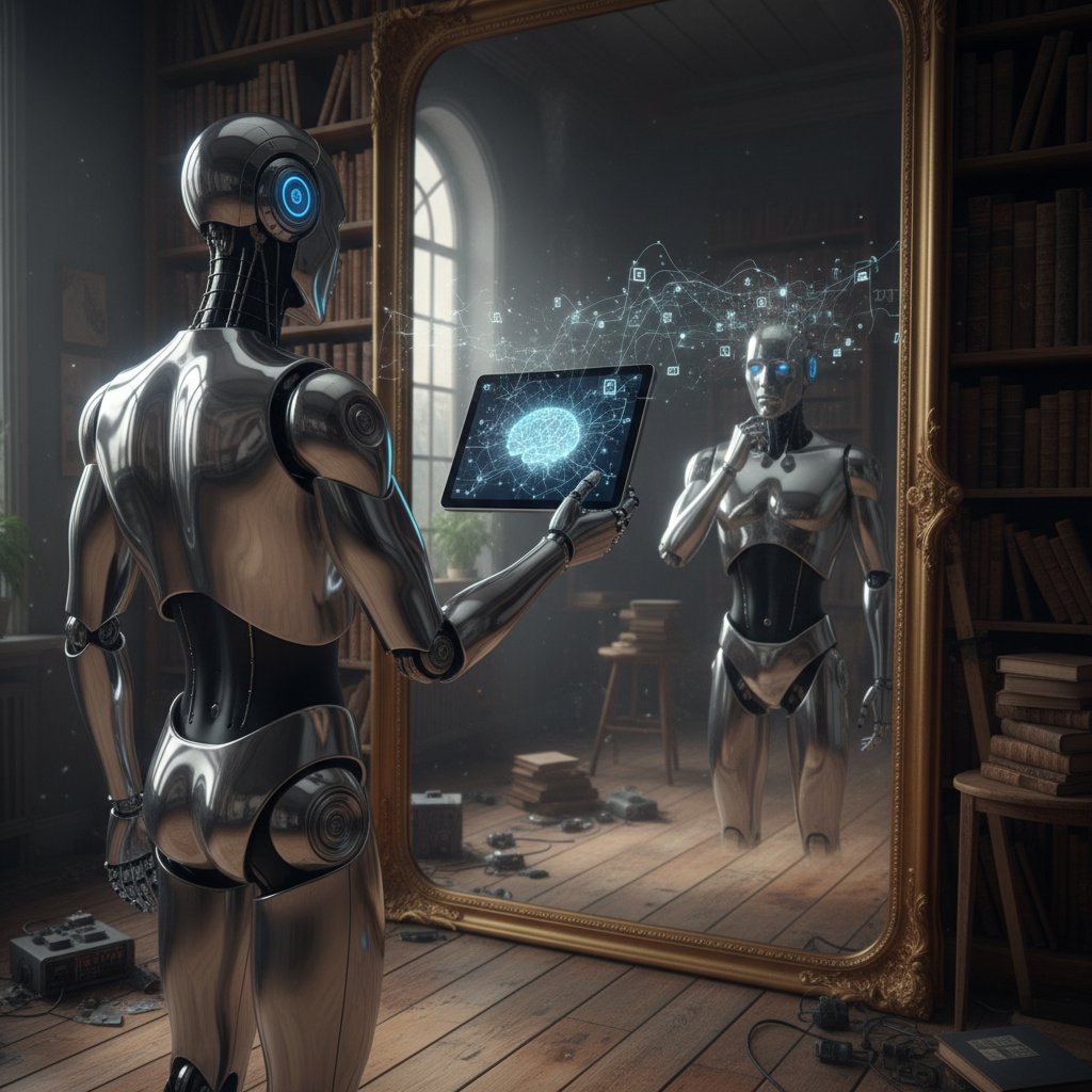 Robot patrzący w lustro, metafora poszukiwania świadomości przez AI