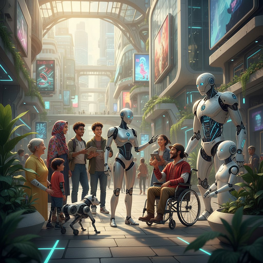 Robot rozmawiający z grupą ludzi o różnych kolorach skóry, neutralność AI