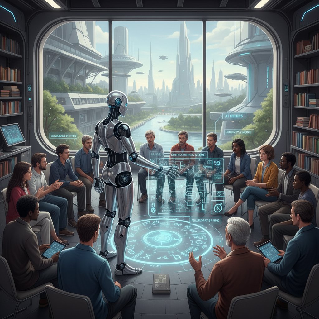 Robot i ludzie różnych kultur – symbol globalnych wpływów na filozofię AI