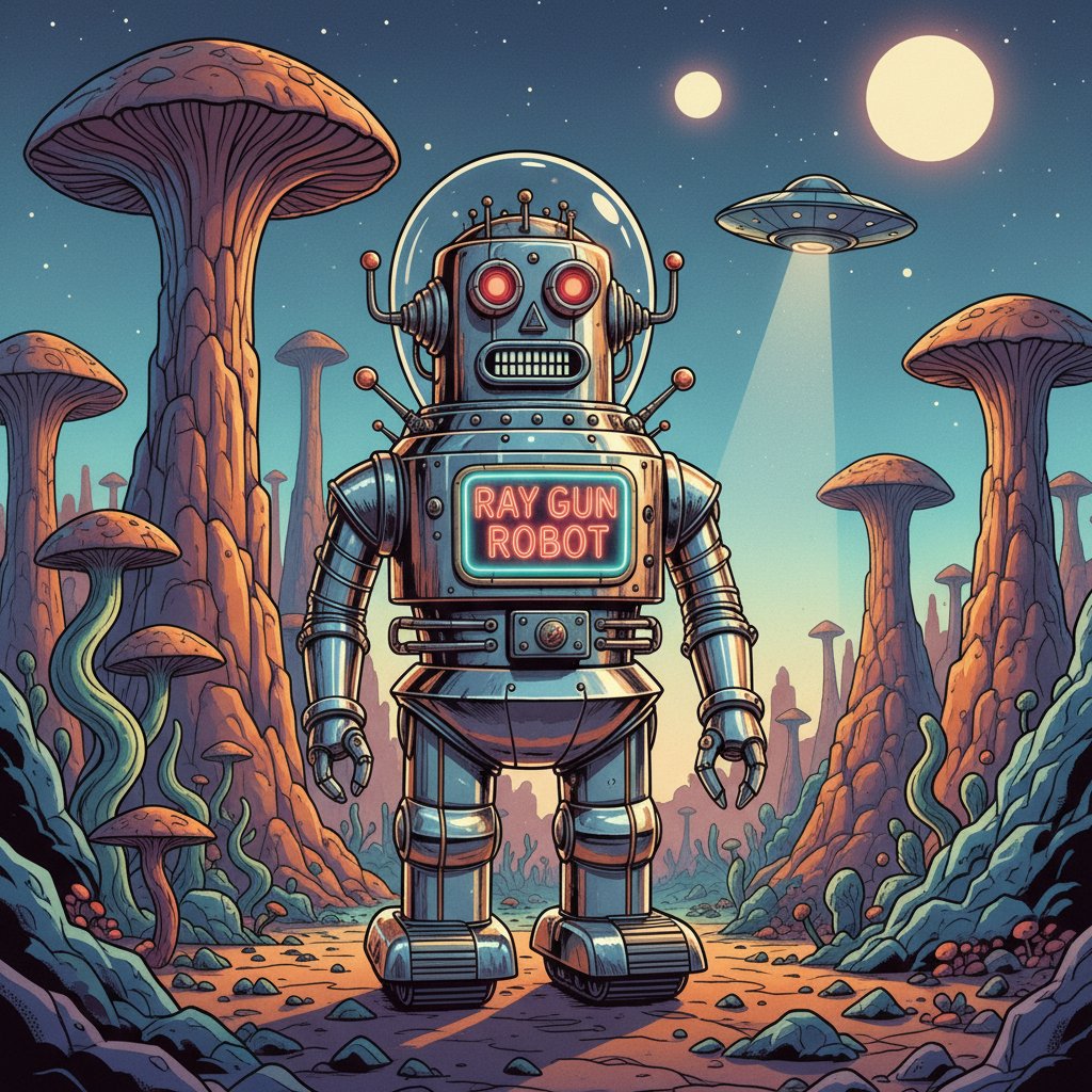 Robot patrzący na ekran z filmem sci-fi, symbol wpływu popkultury na postrzeganie AI