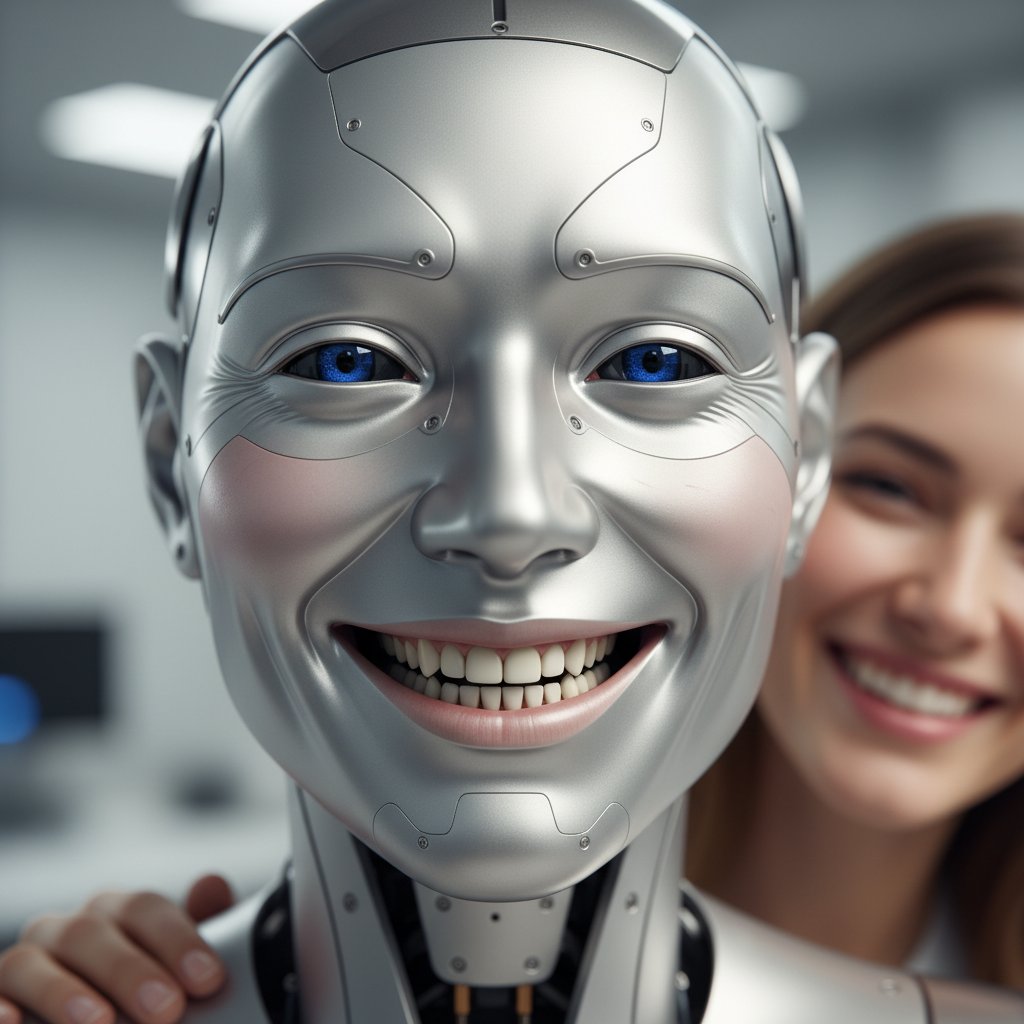 Robot z mimiką twarzy wyrażającą radość, obok człowieka z prawdziwym uśmiechem, kontrast symulacji i emocji