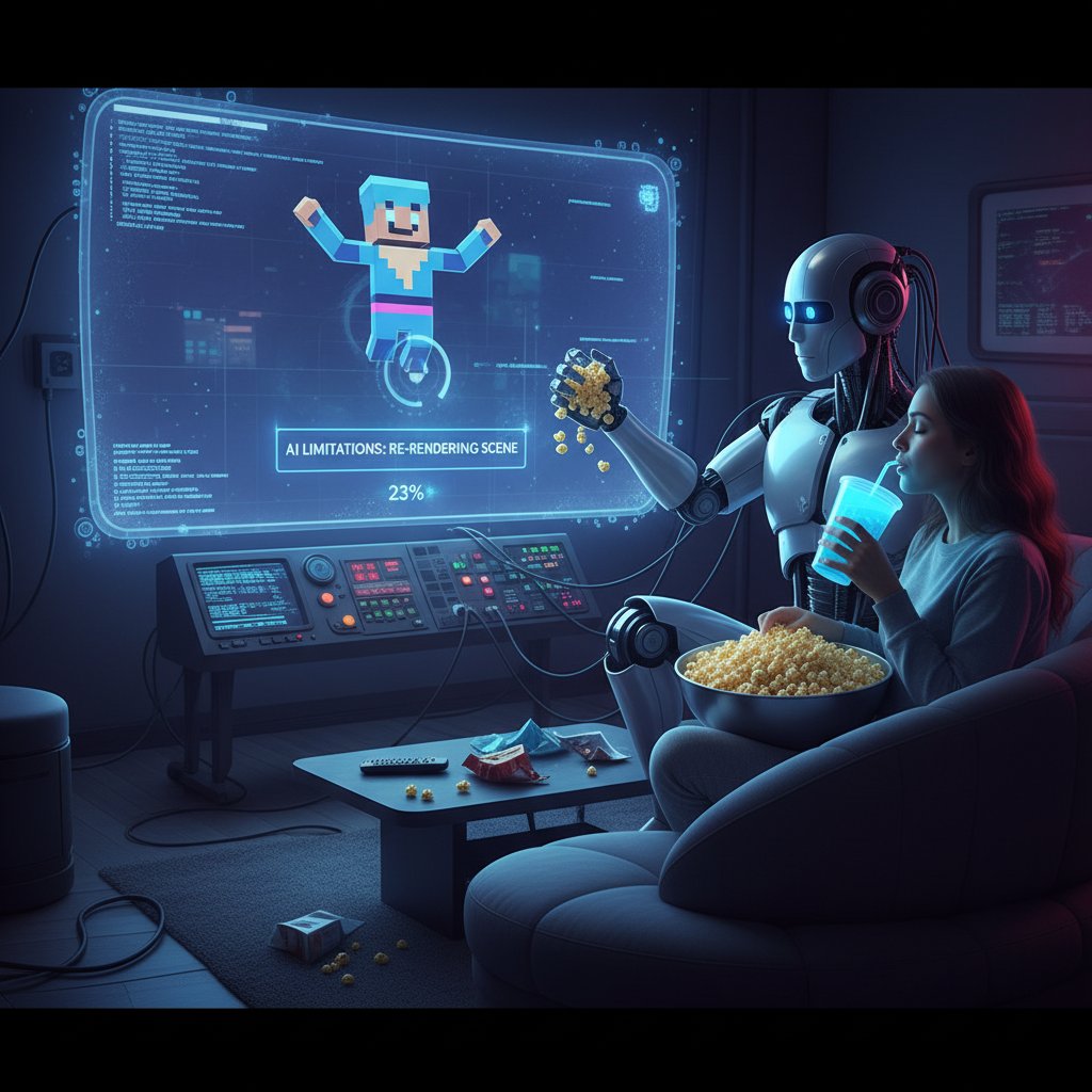 Humanoid robot handing popcorn bucket to a human, both watching a movie, highlighting AI limitations in movie curation