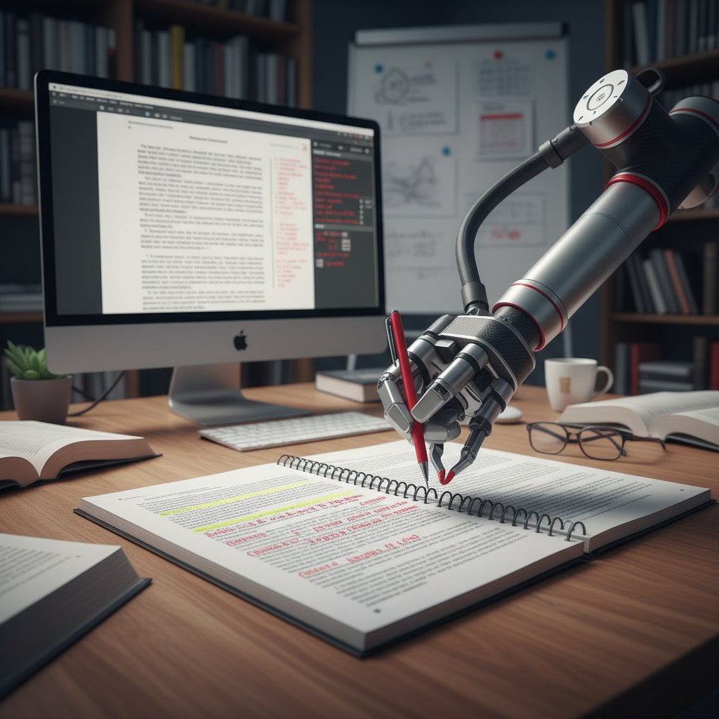 Robot arm holding a red pen over a manuscript, AI editing academic paper for journal submission
