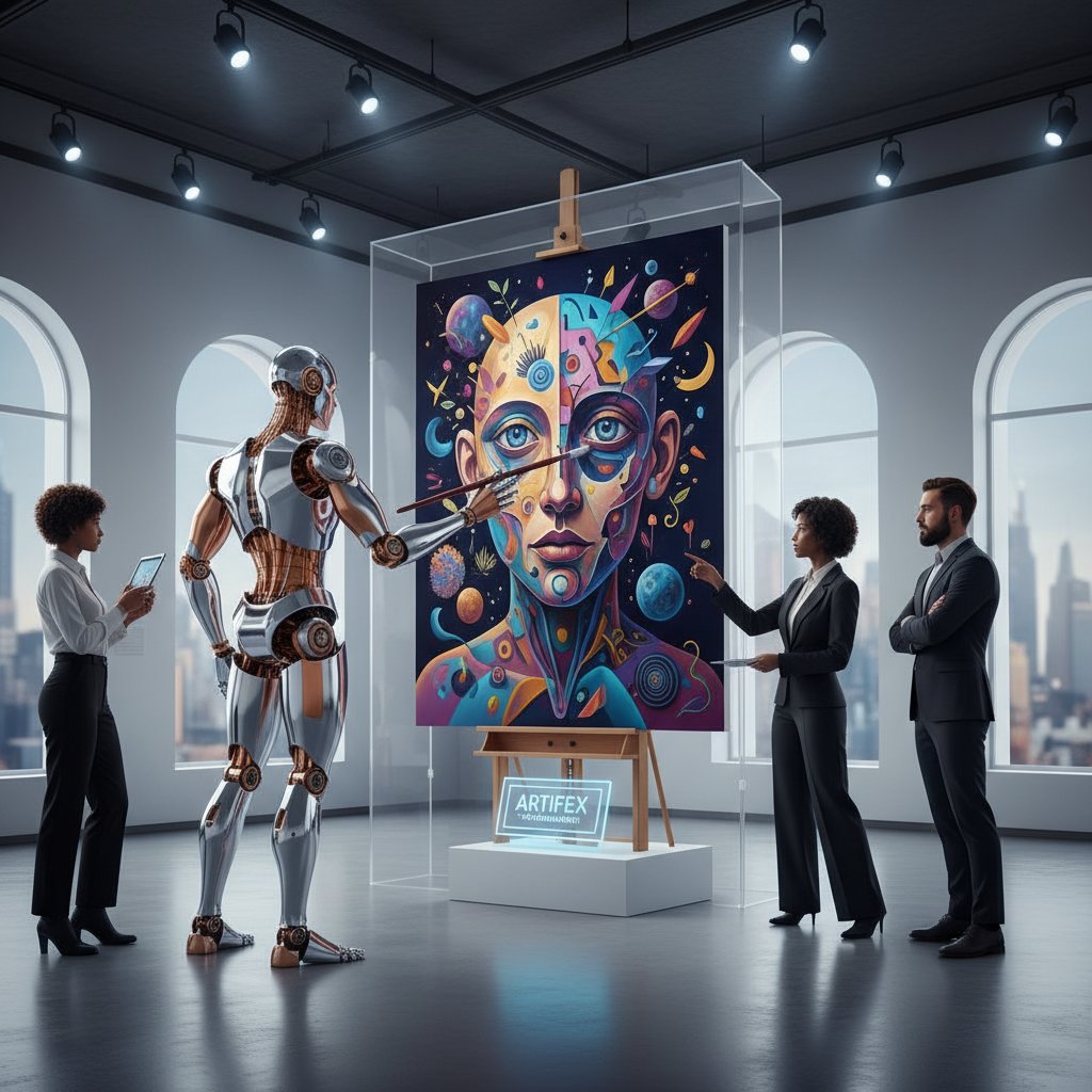 Robot-malarz tworzący obraz – sztuczna inteligencja w sztuce