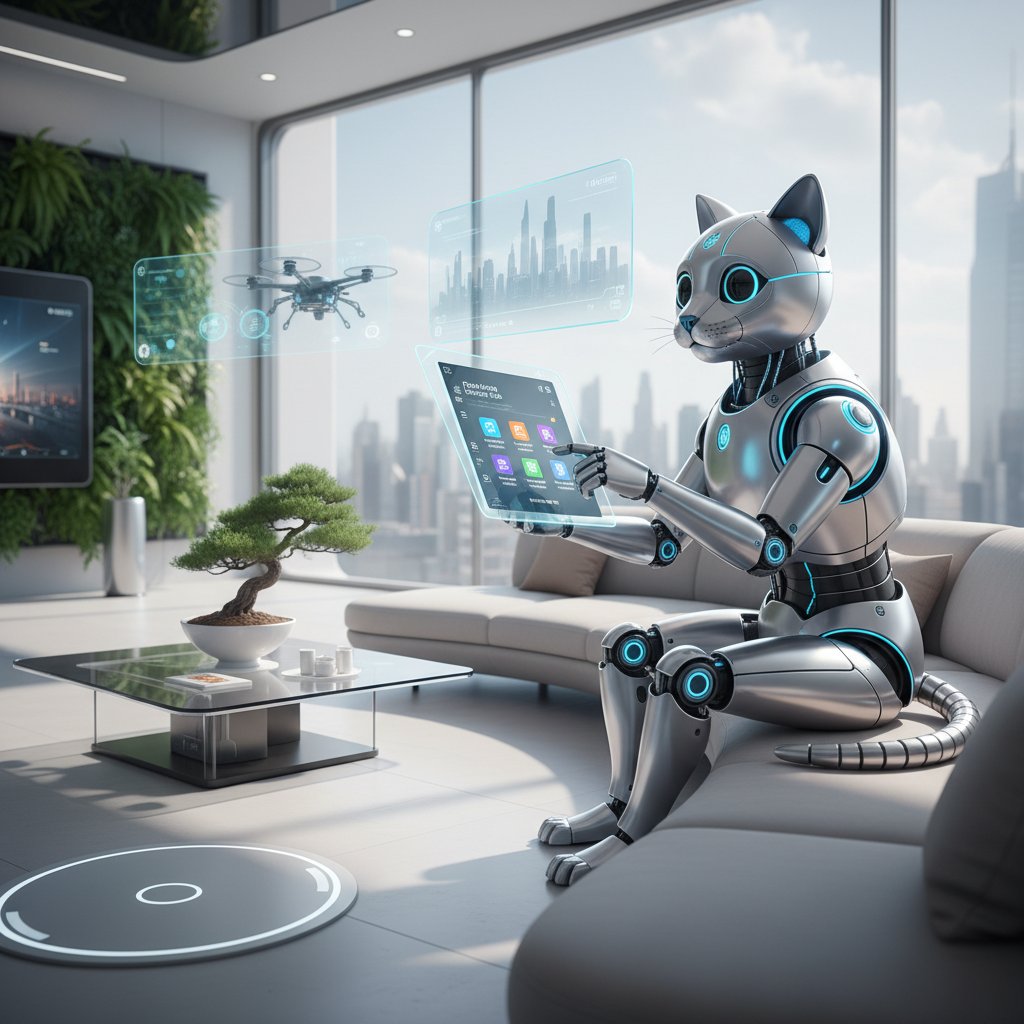 Nowoczesny robot-kot i aplikacja mobilna na stole – przyszłość bezproblemowych zwierząt domowych