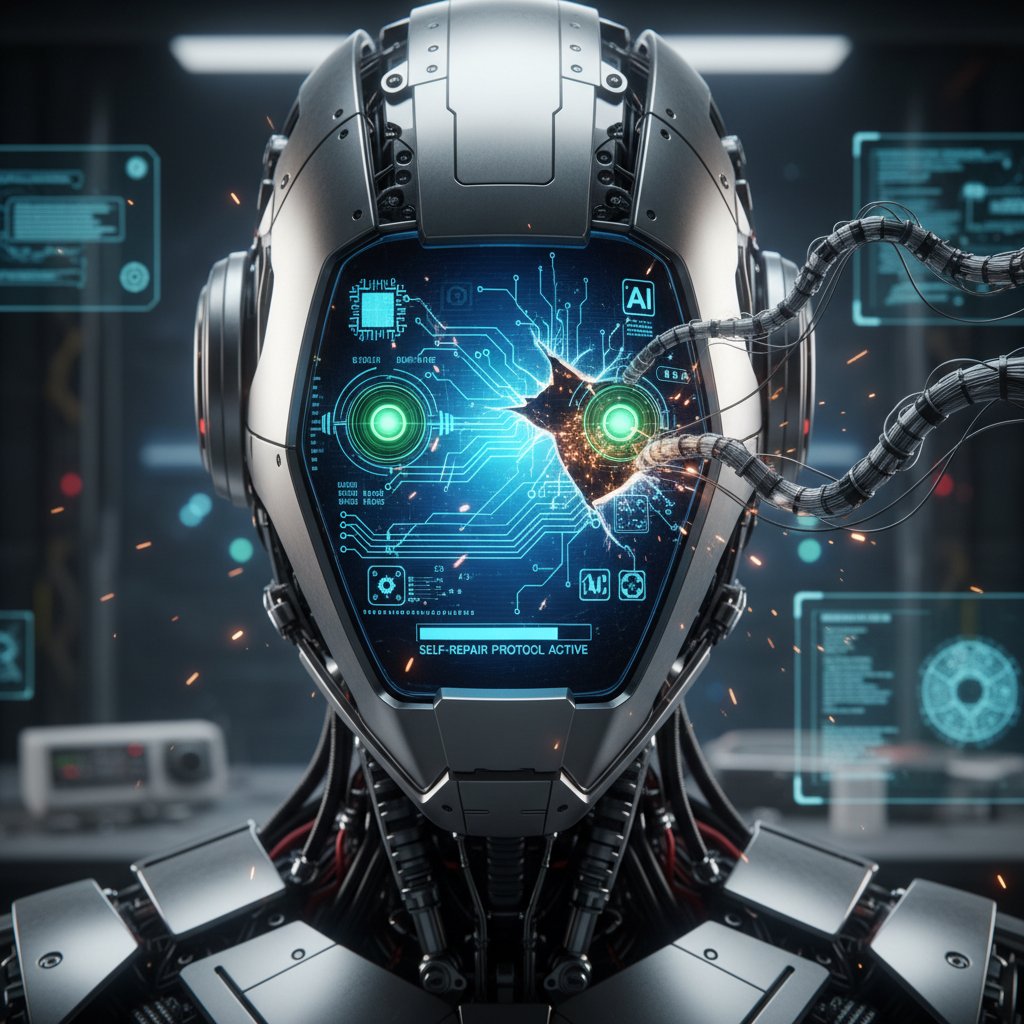 Zbliżenie na nowoczesnego robota z ekranem pokazującym proces samoregeneracji