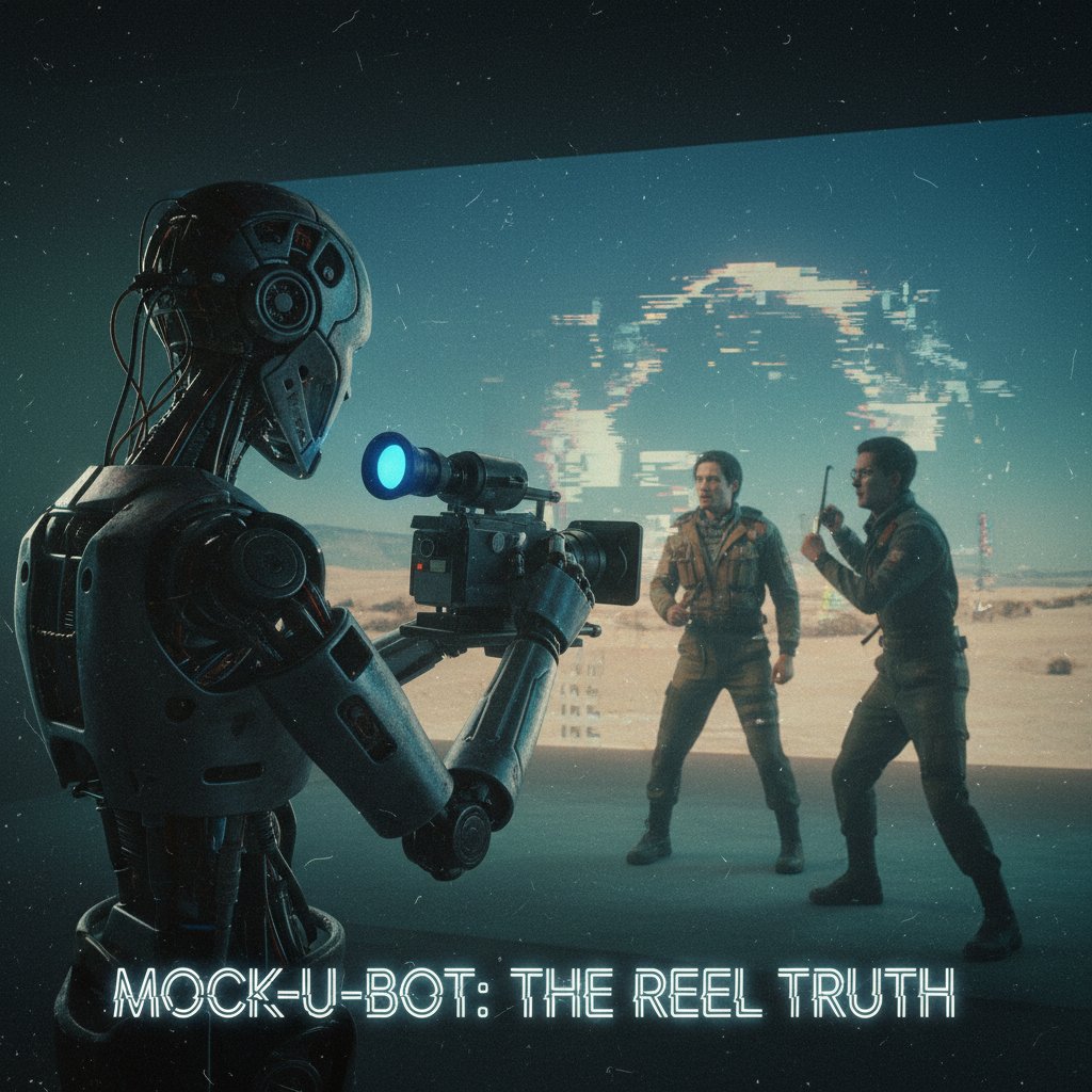 Robot director filming actors on glitchy holographic set, speculative mood forecasting AI’s impact on mockumentary movies