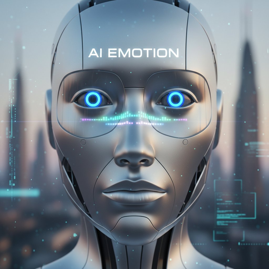 Zbliżenie na twarz robota z neutralnym wyrazem, symbolizującym brak emocji