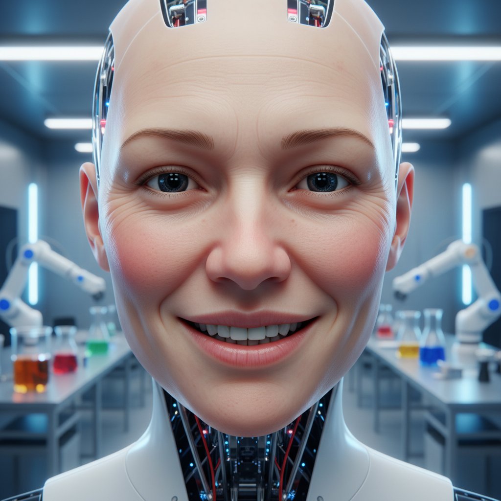 Zbliżenie na twarz robota z realistyczną mimiką, fragmenty sztucznej skóry i sensorów, otoczenie laboratoryjne