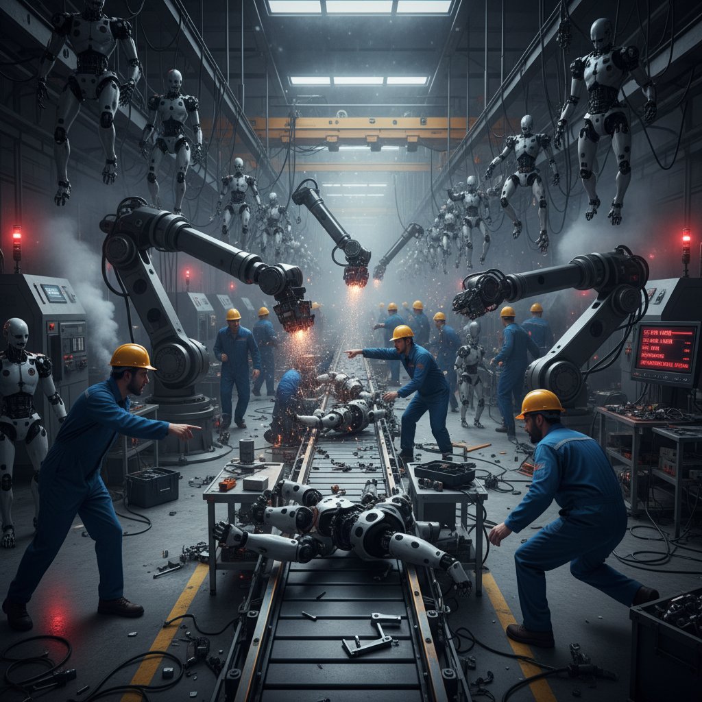 Nieudany test robota w fabryce, wyraz twarzy pracownika odzwierciedla konsternację