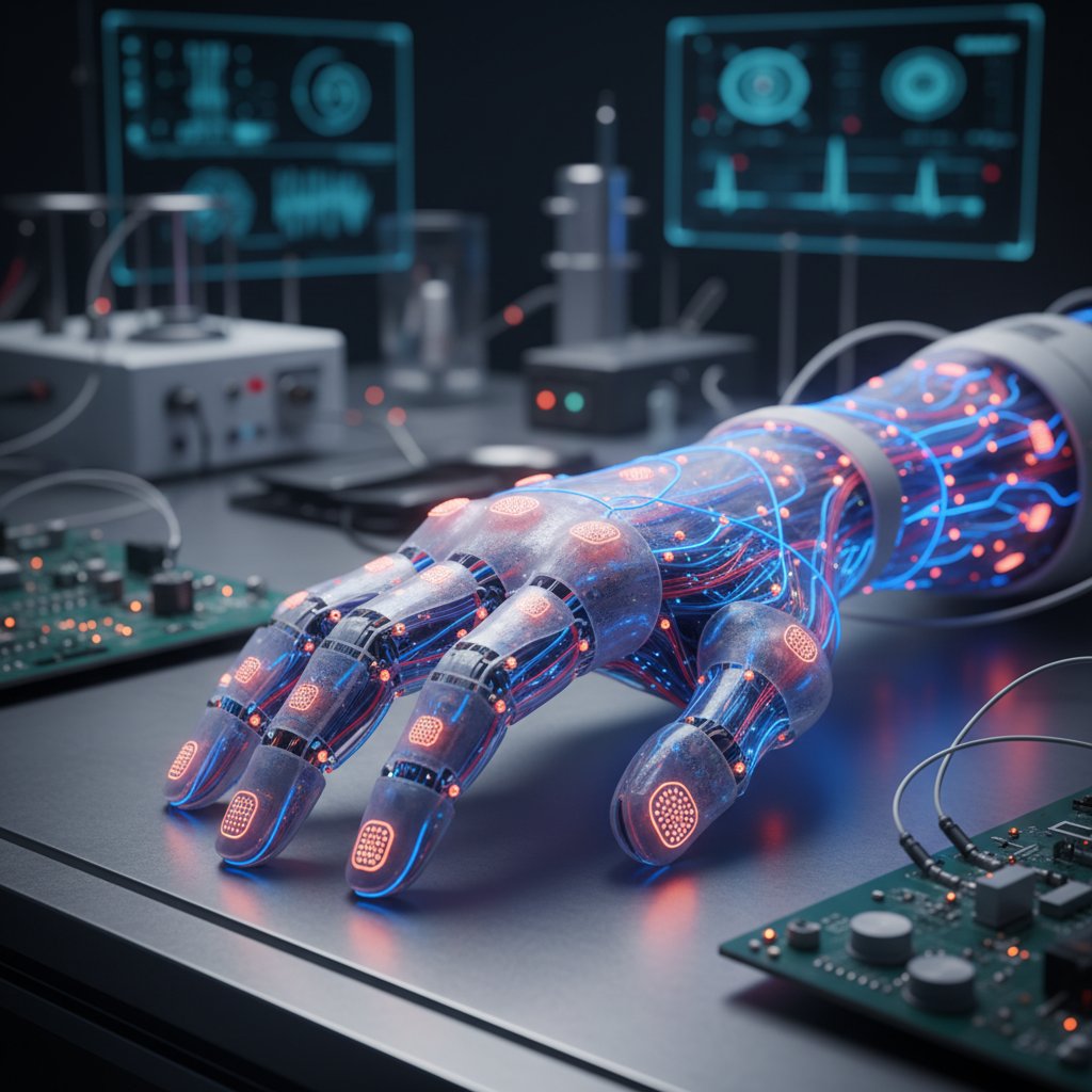 Zbliżenie na rękę robota pokrytą sztuczną skórą z widocznymi sensorami, laboratoryjne światło