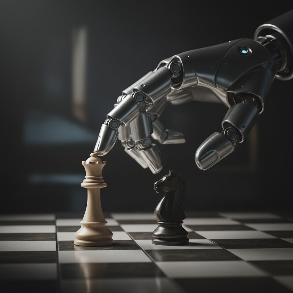 Robot wybierający pionek szachowy – symbol decyzji maszyny