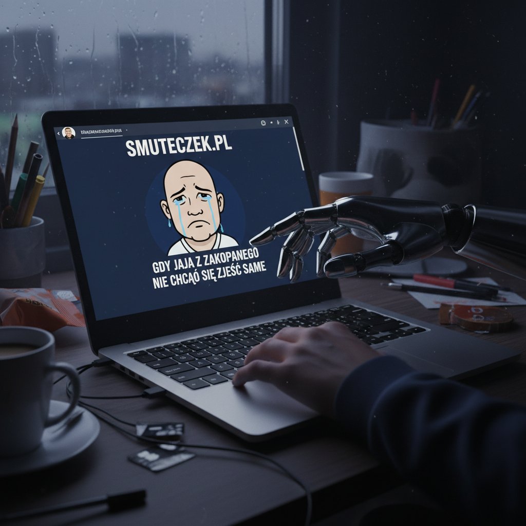 Ręka robota i człowieka pracujące nad klawiaturą, otoczone polskimi memami i ikonami social media