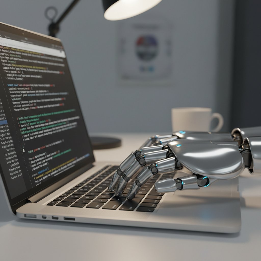 Ręka robota i ręka człowieka piszące na tym samym laptopie