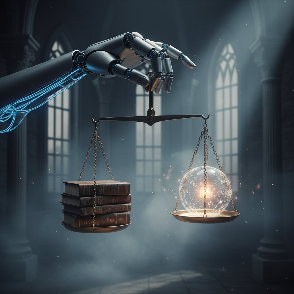 Ręka robota i waga symbolizująca debatę o prawach maszyn