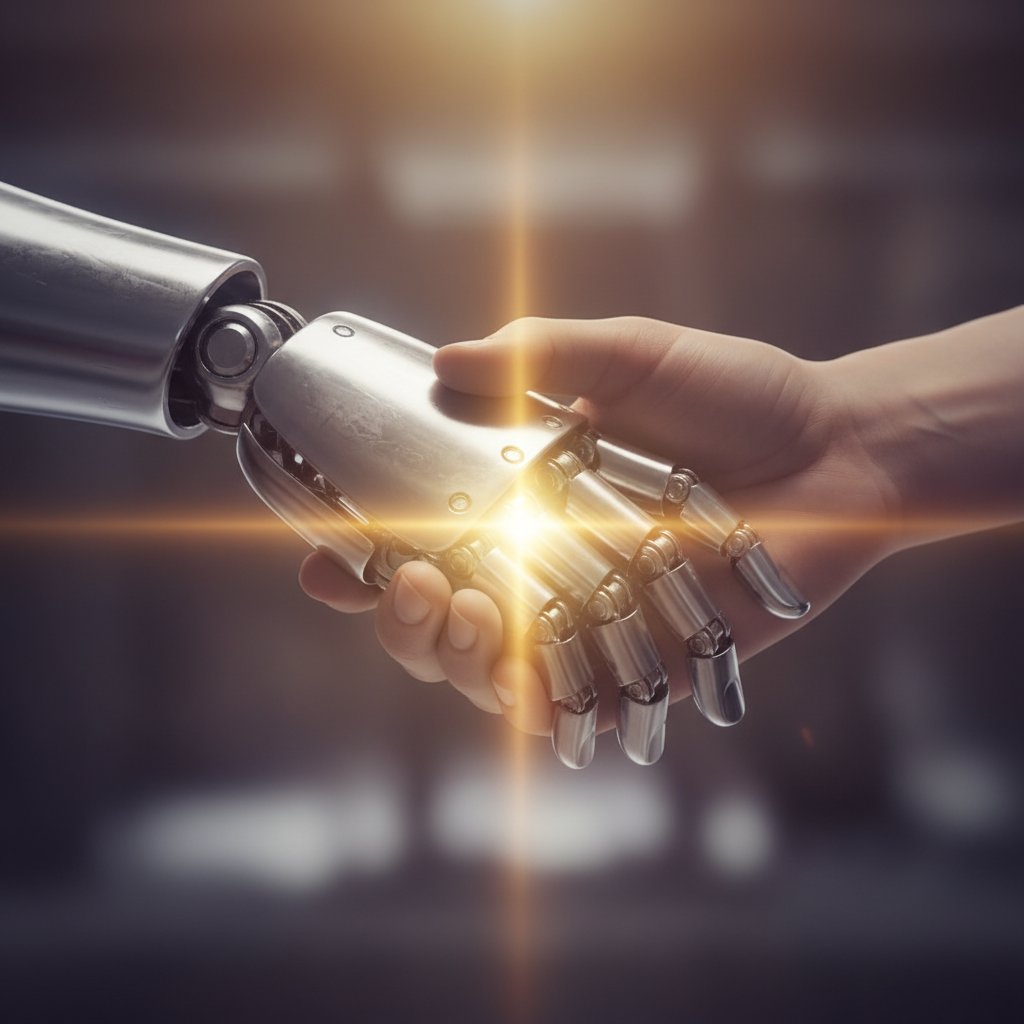 Symboliczny uścisk dłoni człowieka i robota – artystyczne zdjęcie z dramatycznym oświetleniem