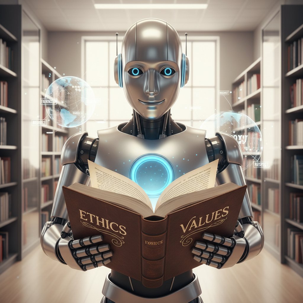 Robot trzymający książkę z napisem „etyka” – ilustracja rozważań o wartościach sztucznej inteligencji