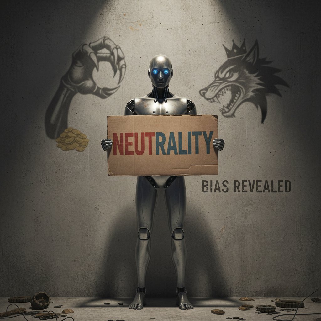 Robot trzymający znak „neutralność”, cień pokazuje ukryte uprzedzenia AI