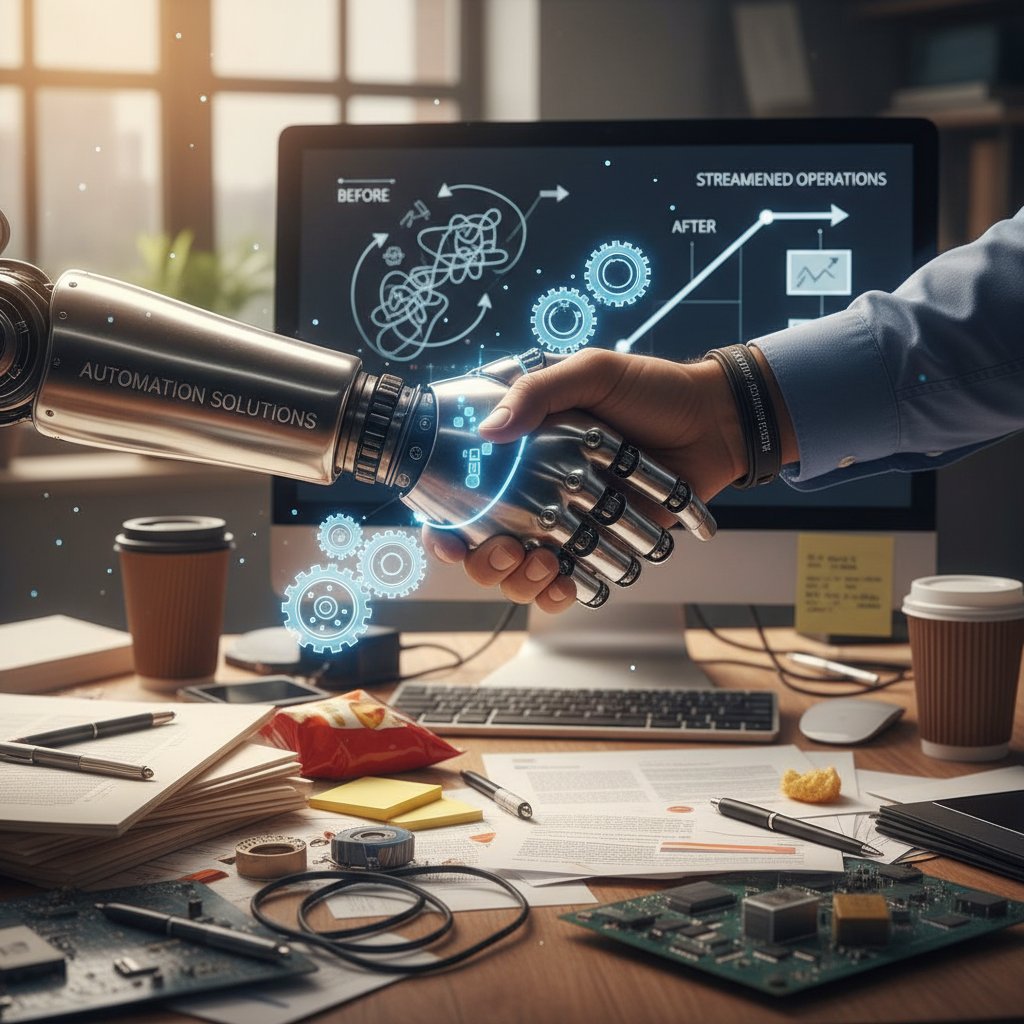 Symbolic photo of a robot and human shaking hands over a cluttered desk, representing the collaboration of AI and humans in support workflows