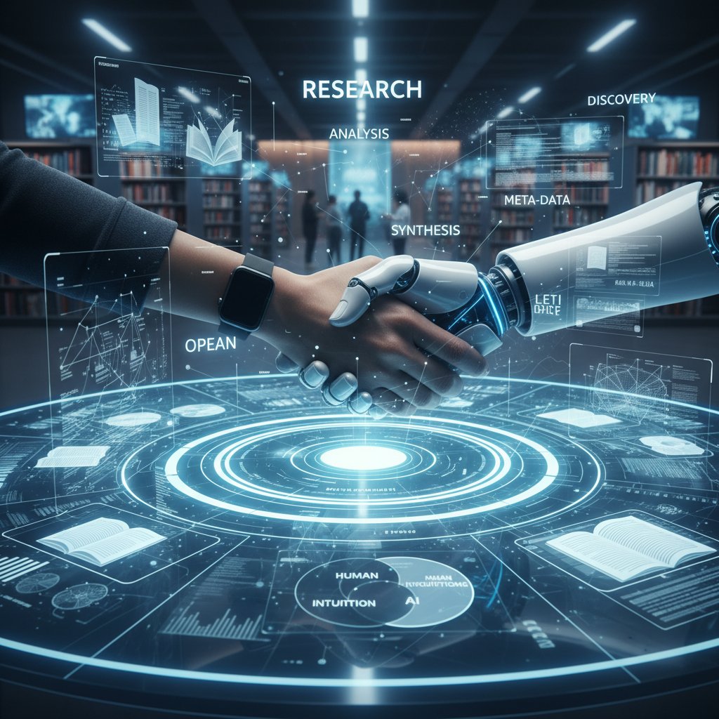 Robot and human shaking hands over a stack of research papers, symbolizing collaboration and debunking myths about automation