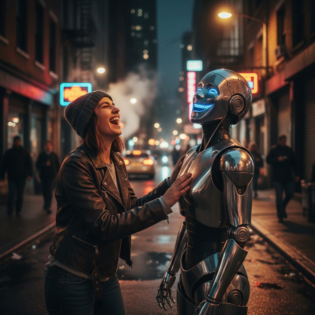 AI i człowiek śmieją się razem podczas cyfrowej rozmowy – surrealistyczna scena miejskiej nocy