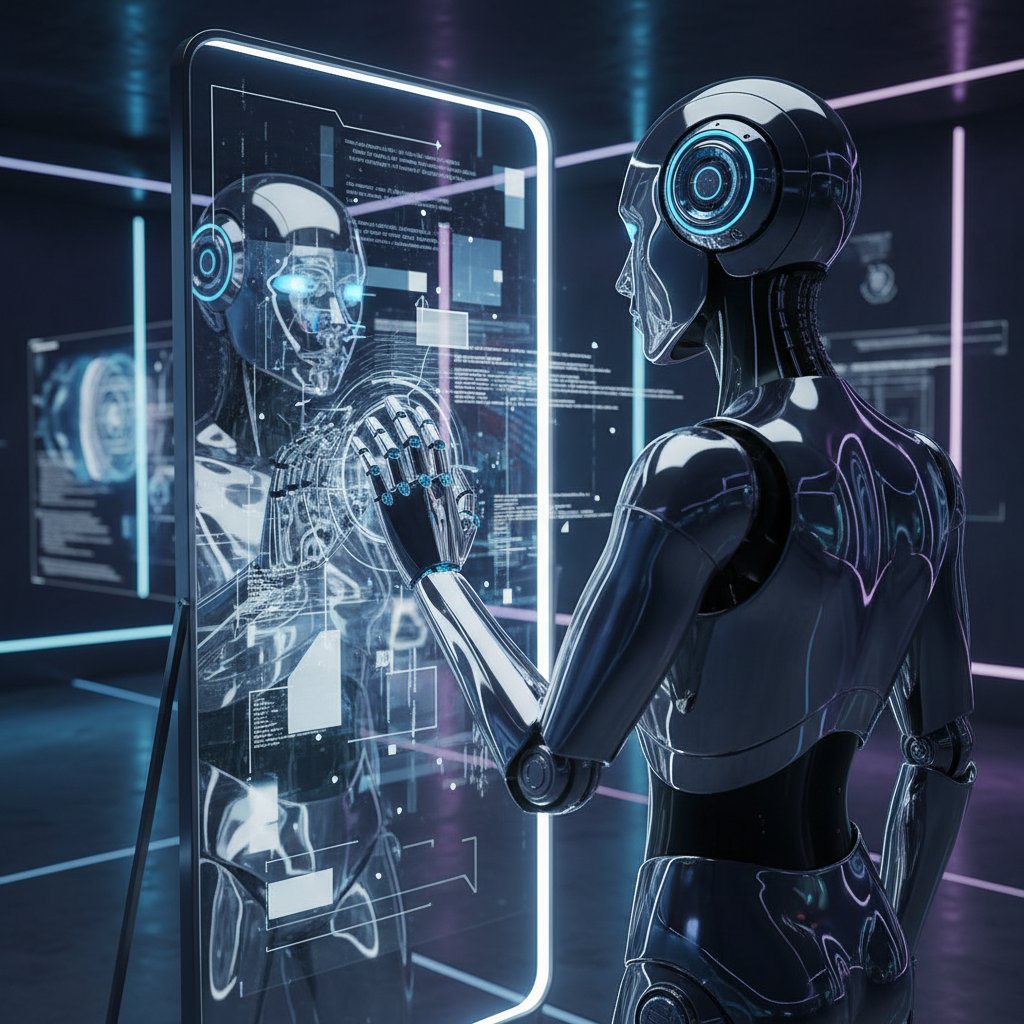 Robot spoglądający w cyfrowe lustro – futurystyczna ilustracja