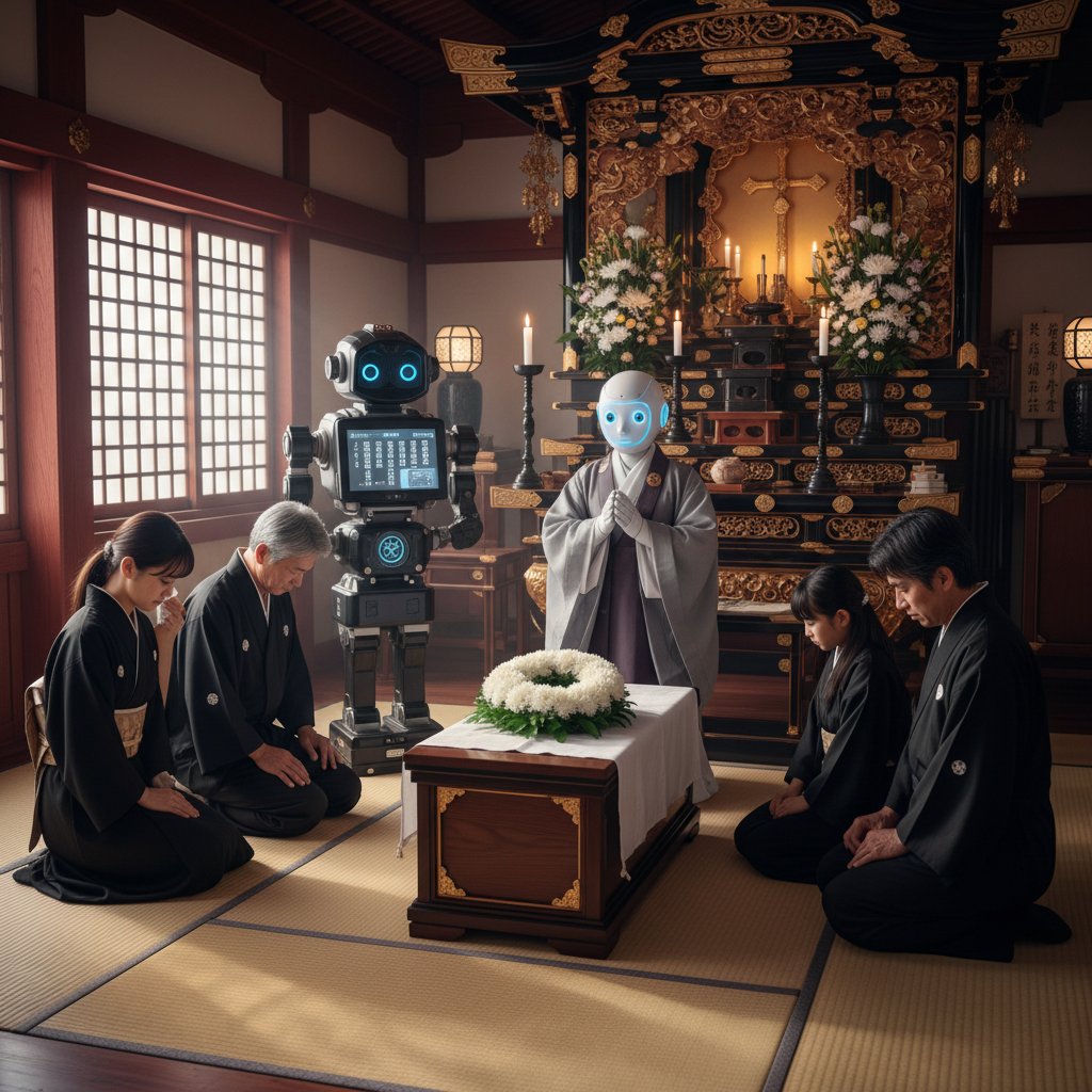 Robot Pepper w świątyni buddyjskiej podczas pogrzebu, rodzina w żałobie – AI jako kapłan
