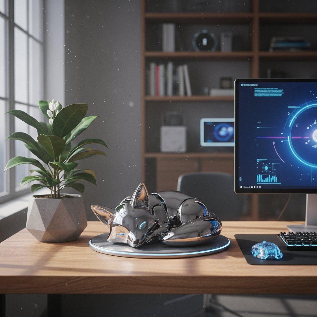 Robotyczny pupil na biurku obok doniczkowej rośliny jako nietypowa alternatywa dla zwierzęcia domowego