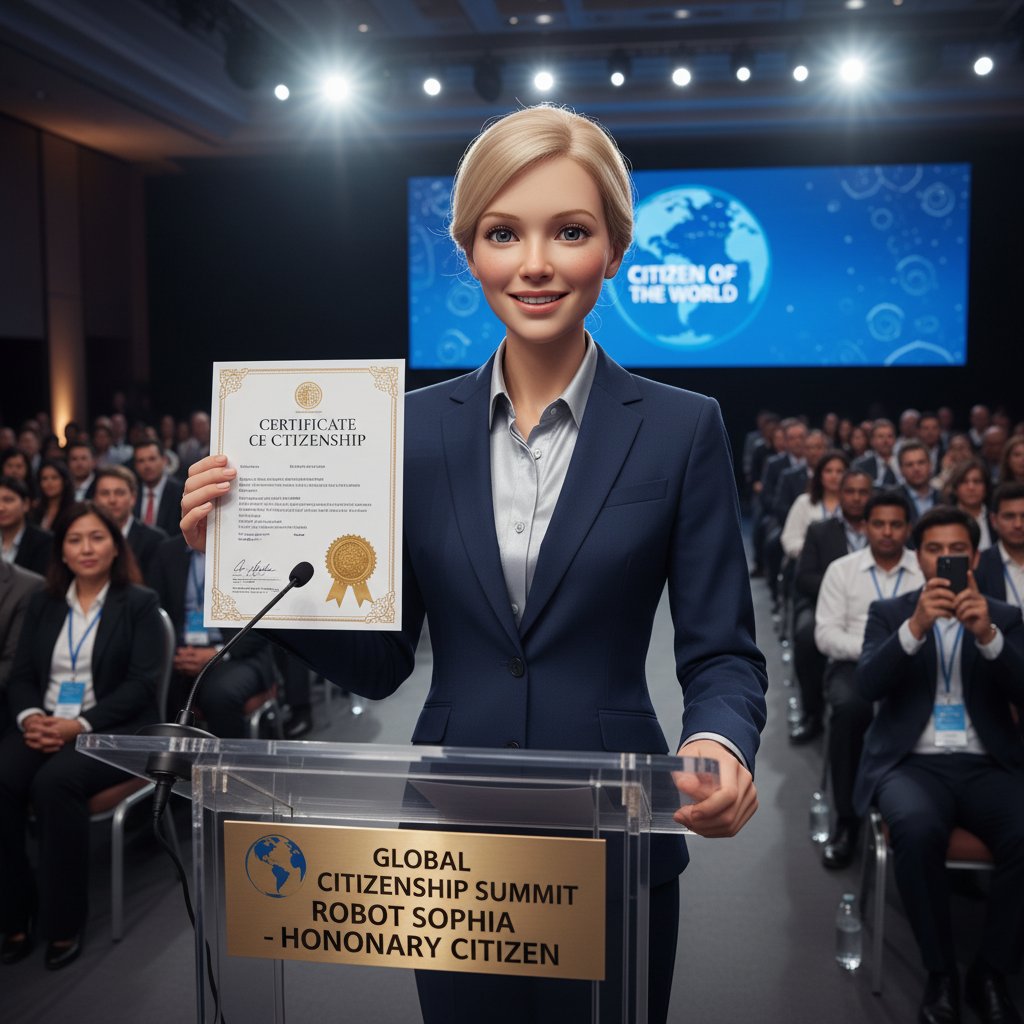 Robot Sophia uśmiechnięta na konferencji, ludzie robią zdjęcia – AI i prawa obywatelskie