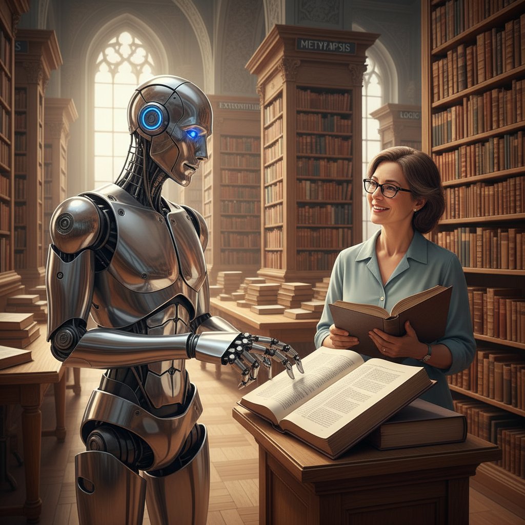 Robot rozmawiający z człowiekiem w bibliotece pełnej książek o filozofii i sztucznej inteligencji