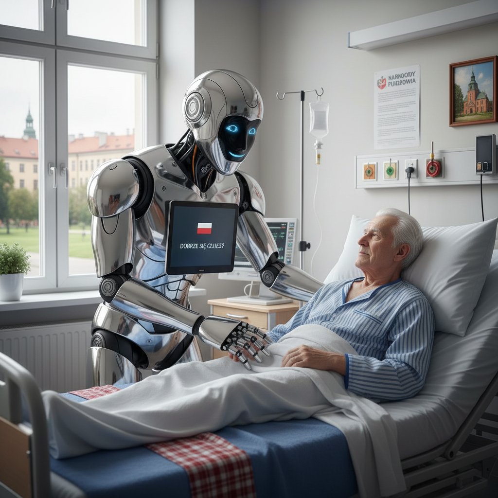 Robot rozmawiający z seniorem w szpitalnym łóżku – emocjonalna scena polskiej służby zdrowia