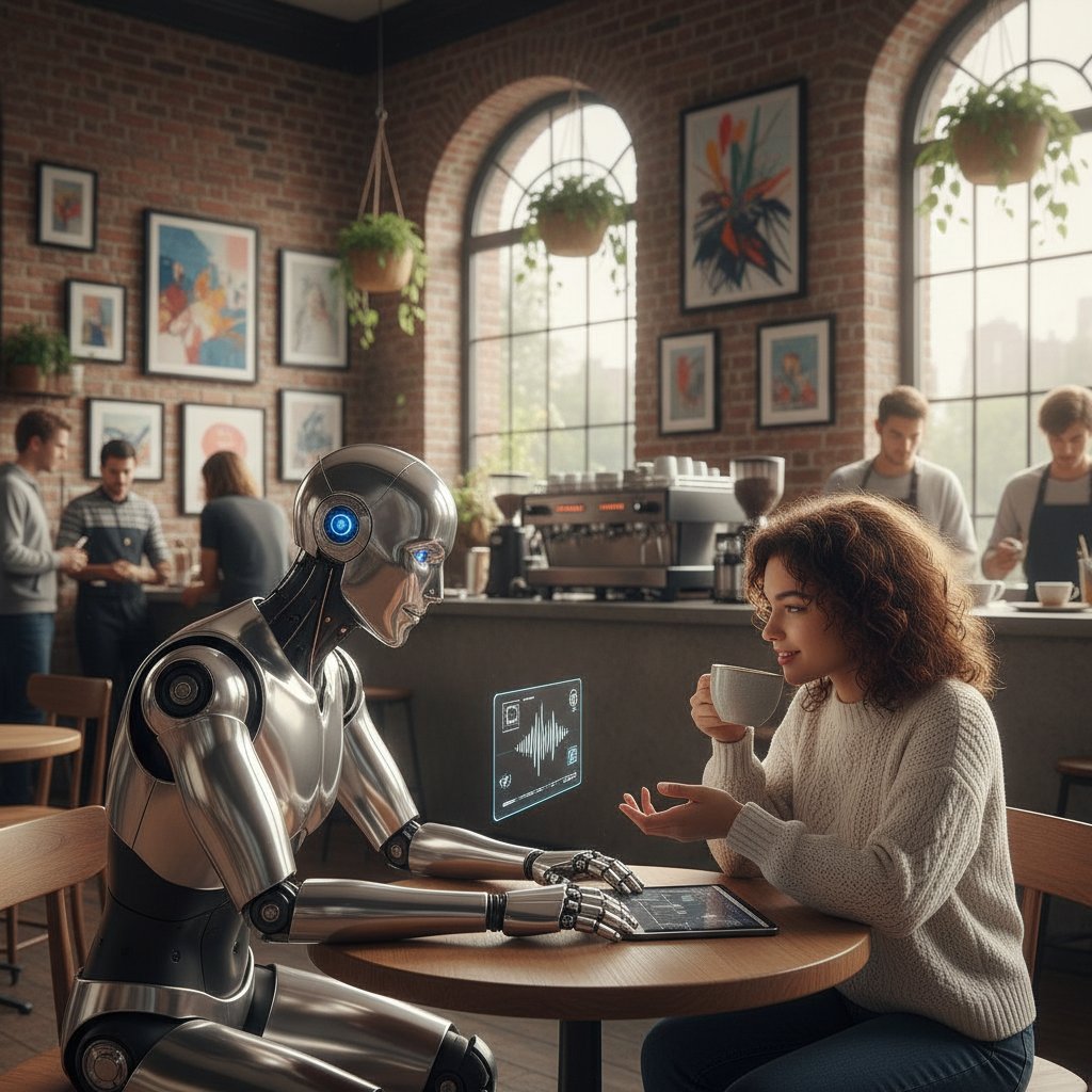 Robot rozmawiający z człowiekiem w kawiarni – świadomość maszyn AI