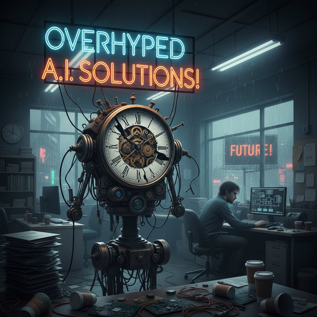 Robot vendor selling overhyped AI technology, holding a broken clock, moody office