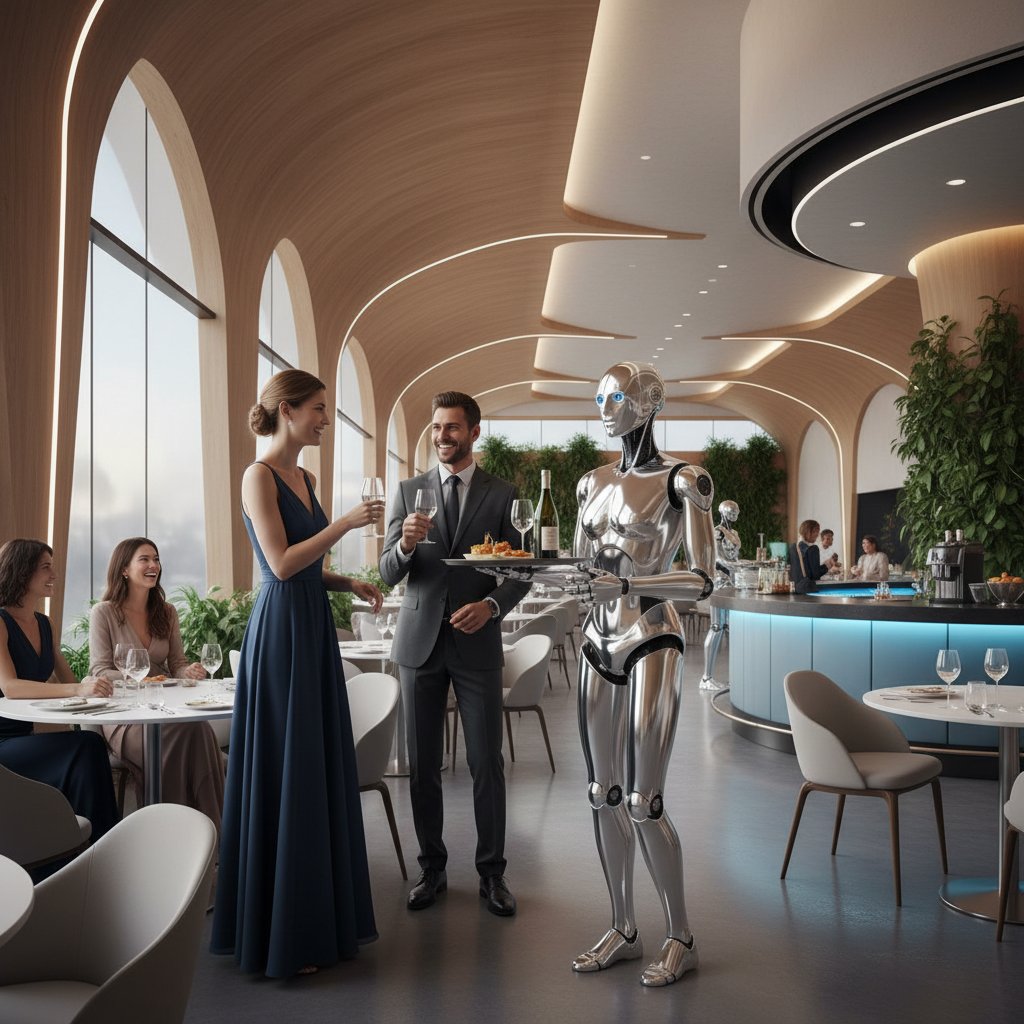 Robot kelner obsługujący gości w restauracji, nowoczesny design, zadowoleni klienci