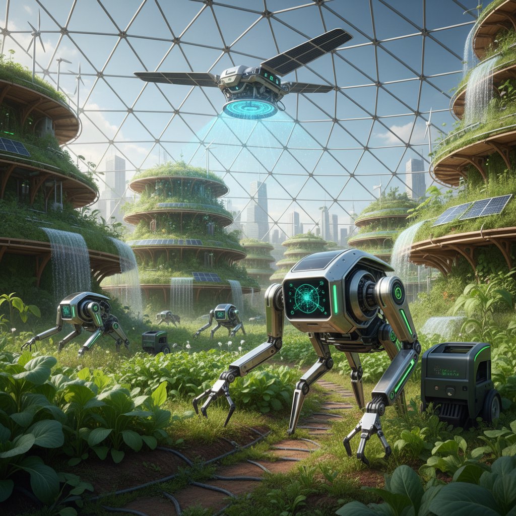 Nowoczesny ogród z robotem do wyrywania chwastów i osobą korzystającą z aplikacji AI na tablecie – technologia, przyszłość ogrodnictwa