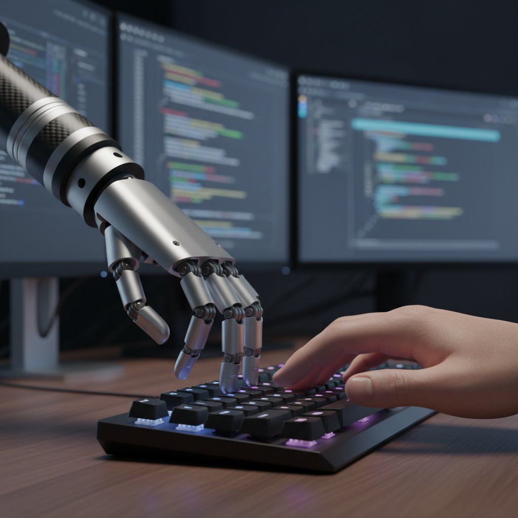 Ramię robota i ludzka dłoń współpracujące przy klawiaturze, zatrudnianie bez kosztów ZUS