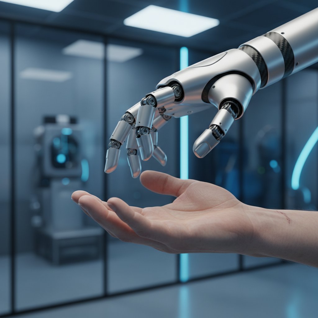 Robotyczna dłoń dotykająca ludzkiej ręki, symboliczne spotkanie technologii i człowieka