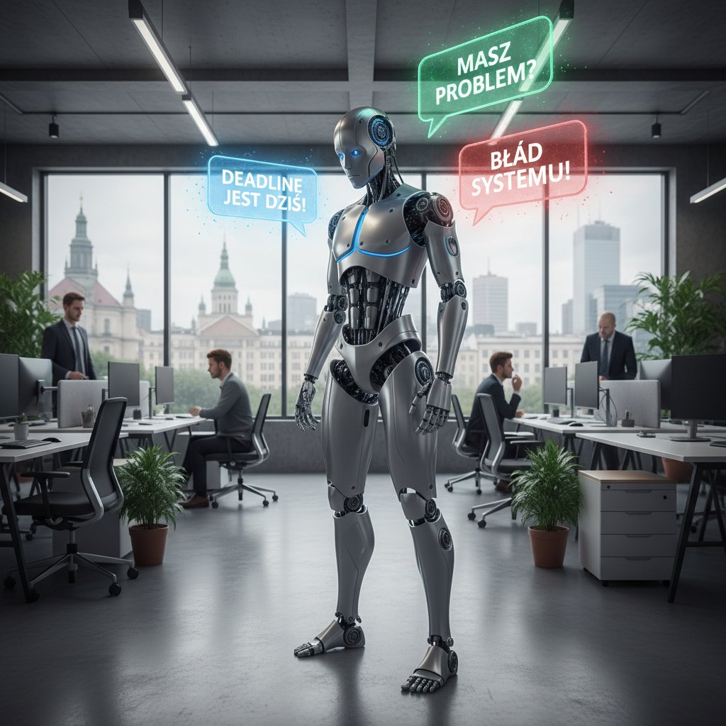 Mężczyzna i kobieta w biurze prowadzący rozmowę z robotem, na ekranie smartfona widoczne cyfrowe dymki czatu