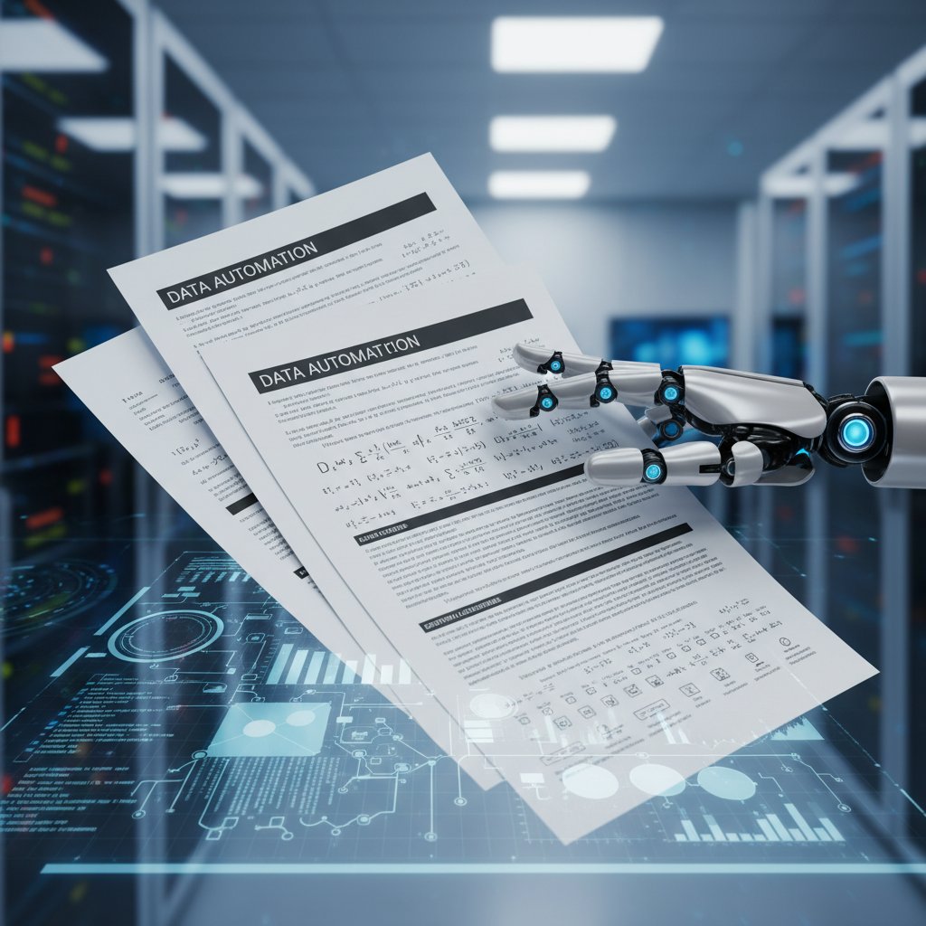 A robotic hand sorting through stacks of academic papers and digital files, representing automation in academic database management